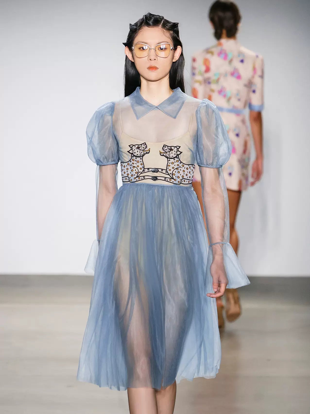 haze blue panther leopard embroidery princess sleeves dress 