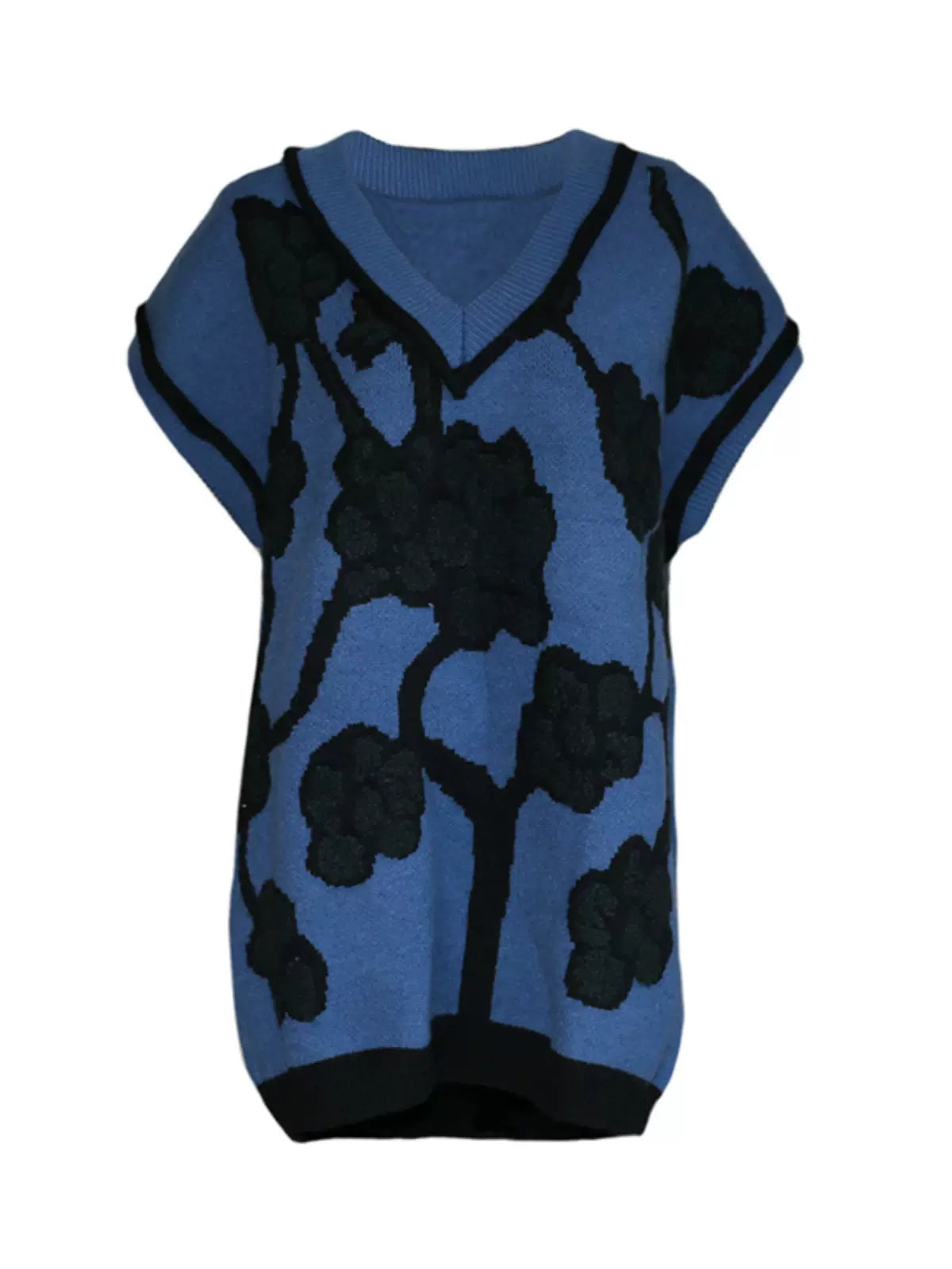 blue and black flower V-neck retro sweater vest 