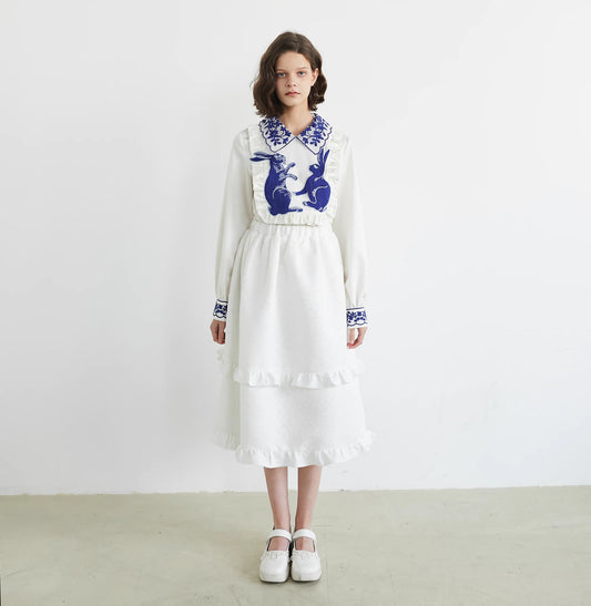 blue and white rabbit shirt embroidered lapel fungus top 