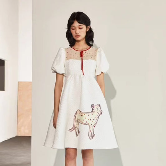 white dog puff sleeve dress 