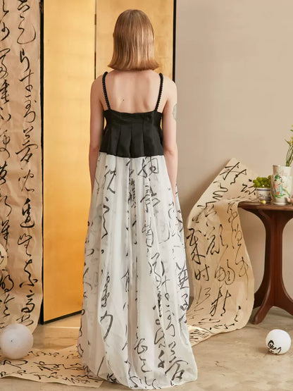 Peony Pavilion calligraphy print beaded suspender dress 