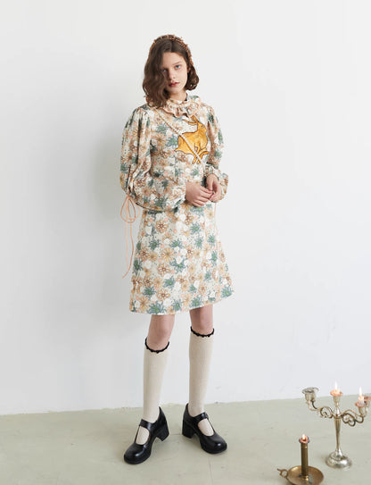 rabbit embroidered long-sleeved dress 