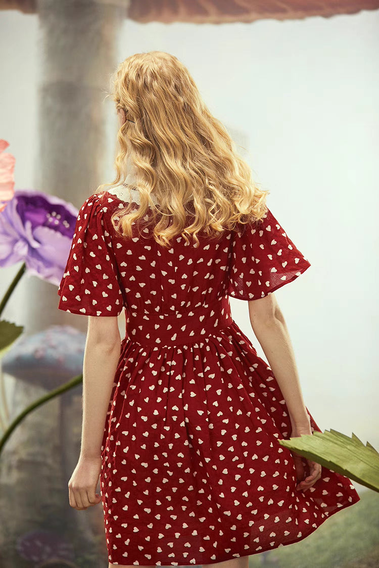 contrast collar red polka-dot dress