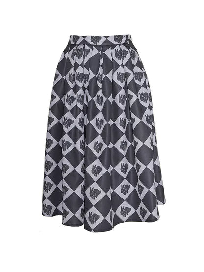 rabbit silhouette retro gray and blue rhombus pleated skirt 