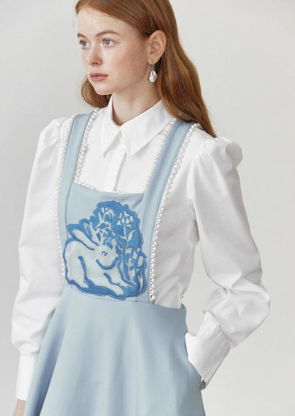 light blue rabbit embroidery suspender skirt 