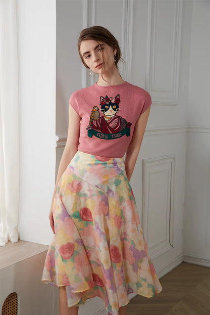 summer pattern slimming watercolor print skirt
