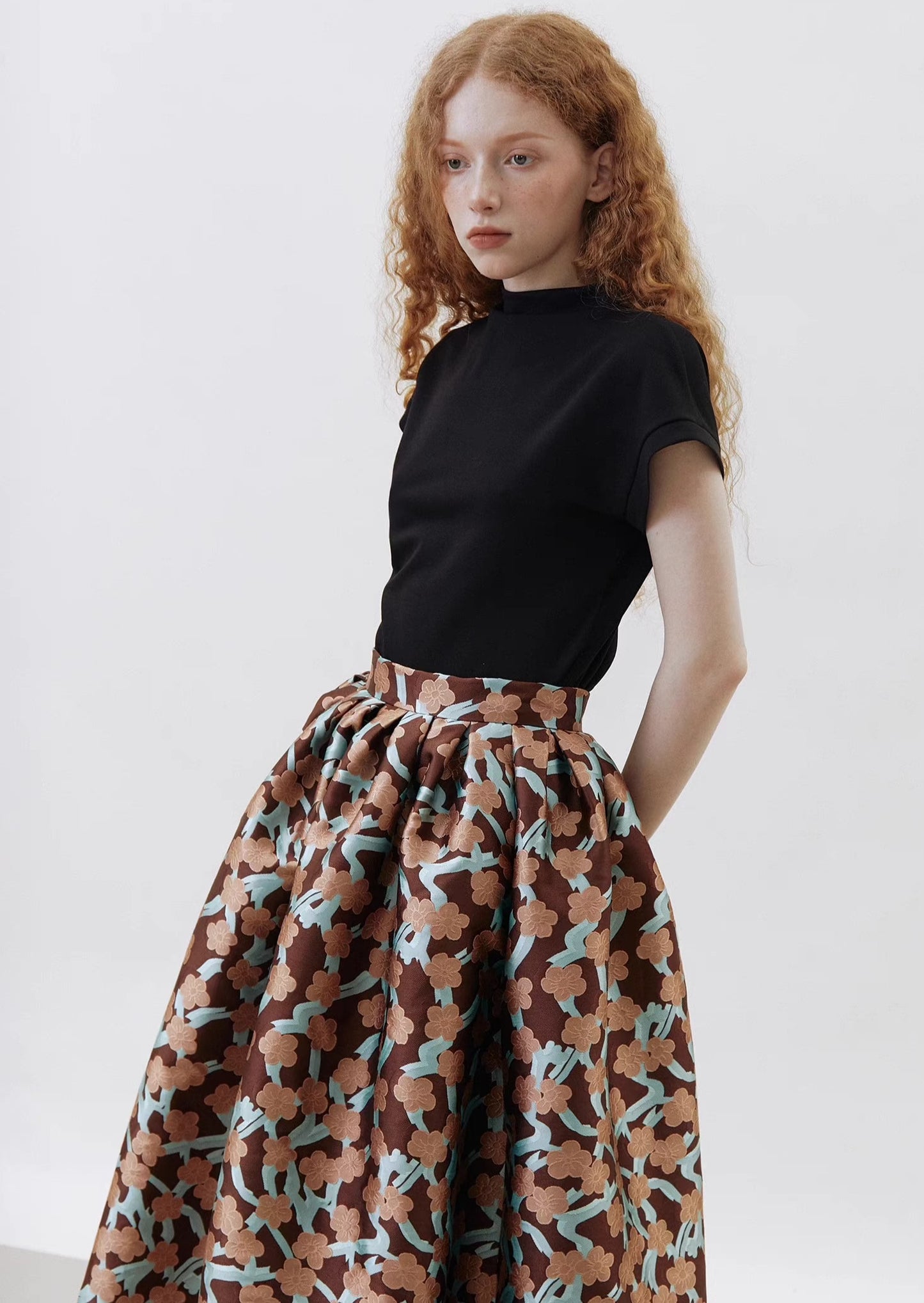 brown and green jacquard long large skirt