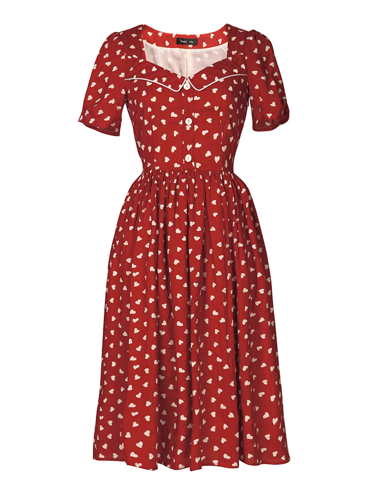 square neck short-sleeved red polka-dot dress