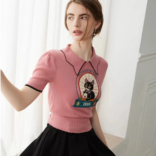 cat embroidered pink short slim fit sweater