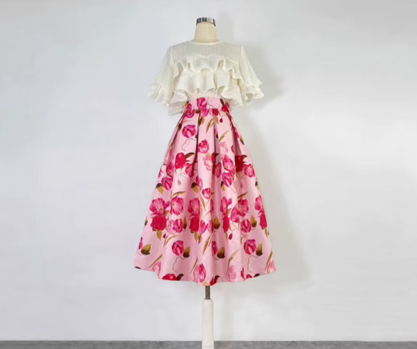 pink Hepburn elegant printed high-waisted puffy skirt