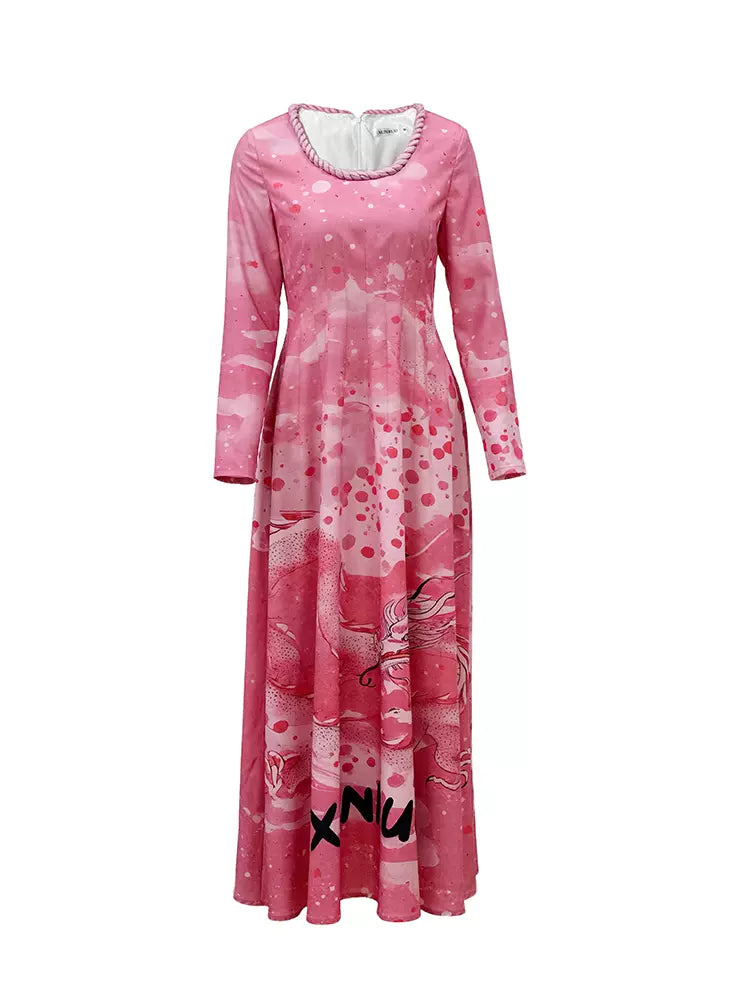 button collar pink dragon moire print dress