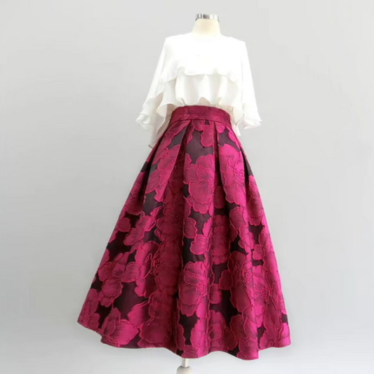 A-line rose red printed embroidered slimming puffy skirt