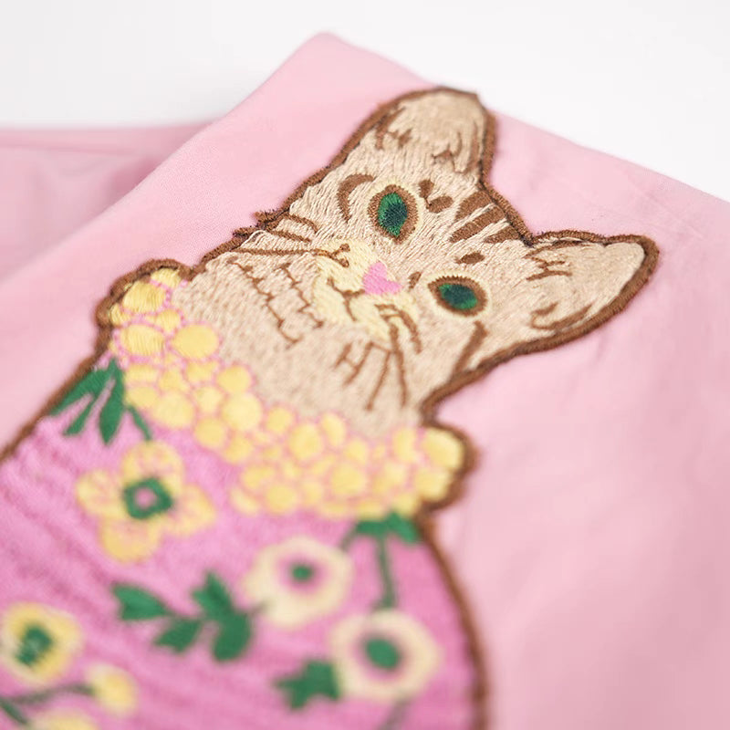 Cute Cat Embroidered Puff Sleeve Pink Short Top 