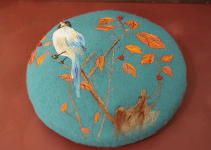 Chinese-style wool felt flower and bird elegant beret