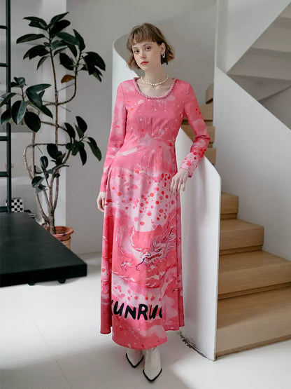 pink dragon moire print dress with button collar 