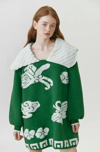 butterfly flower green sweater knitted dress