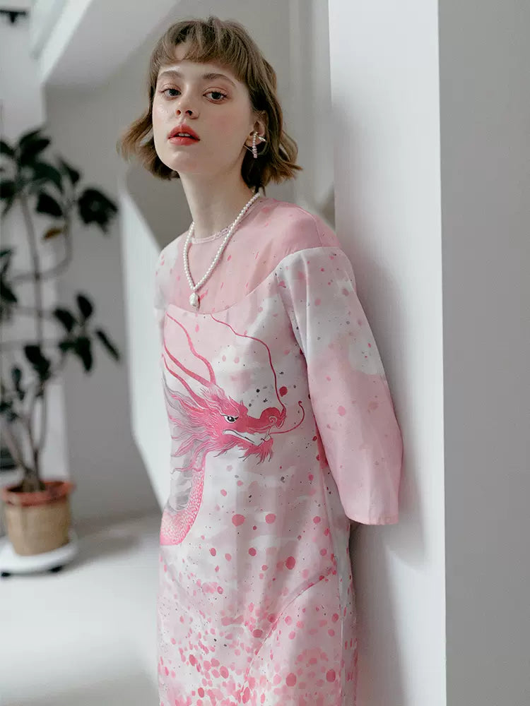 pink dragon print bell sleeves slit dress