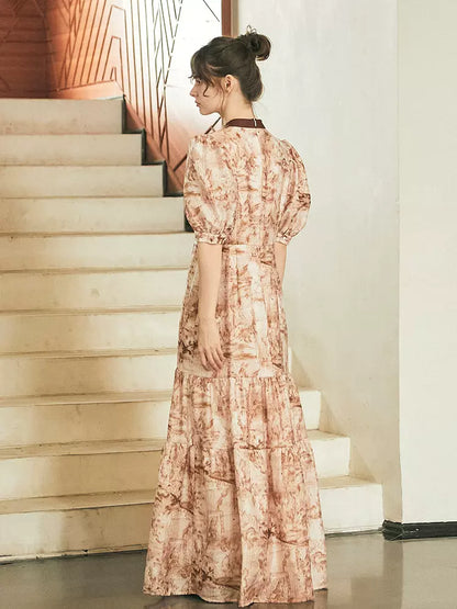 red and brown smudged print lace-up elegant long dress 