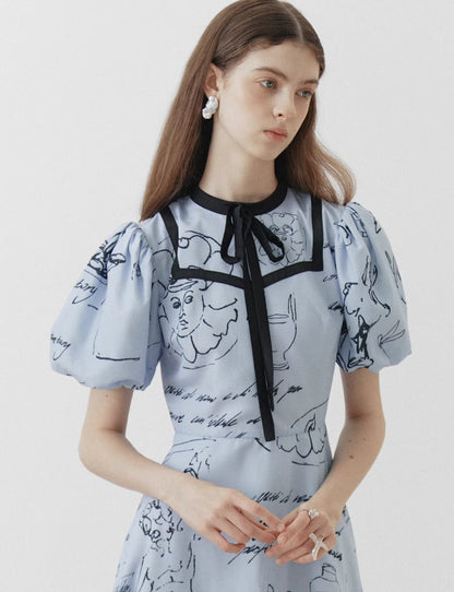 blue Pompeii hand-painted bow short-sleeved dress