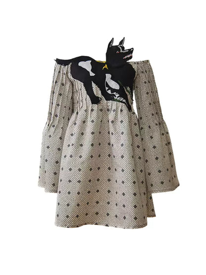 dog embroidery one shoulder dress 