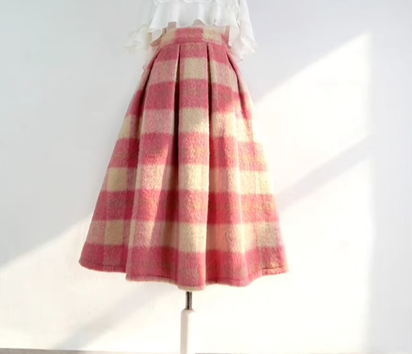 pink plaid woolen A-type high-waisted skirt