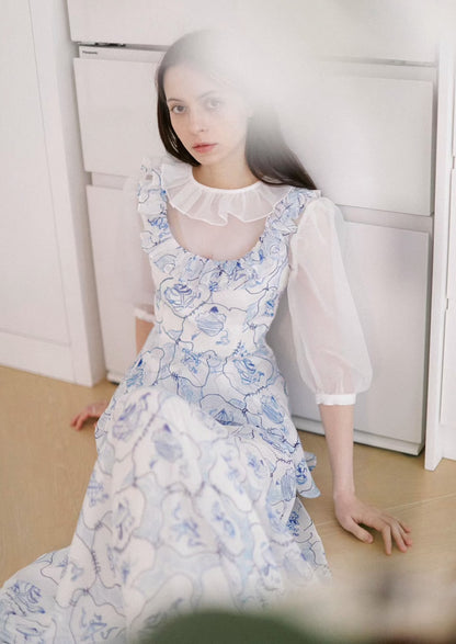 light blue hand-painted printed dress 