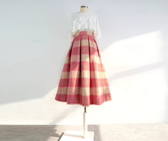 pink plaid woolen A-type high-waisted skirt 