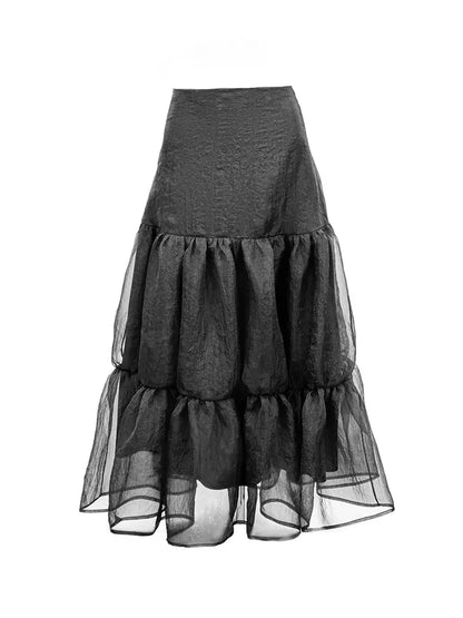 Black Seersucker Lotus Leaf Long Skirt
