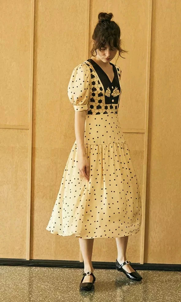 Geometric Rabbit Stitching Retro Polka Dot Dress 