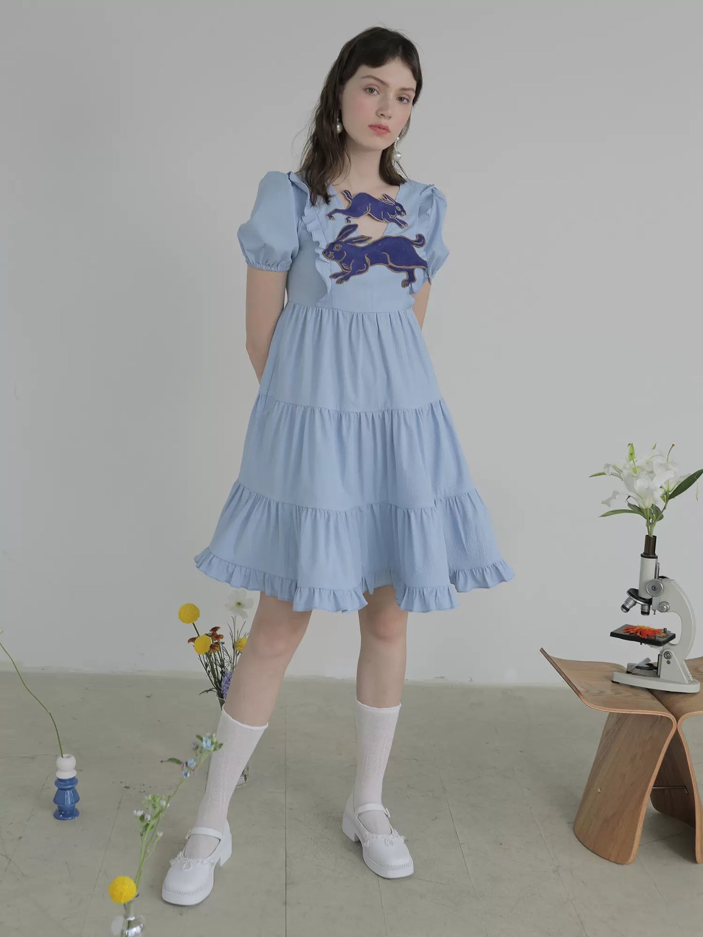 rabbit blue embroidered short-sleeved doll dress 