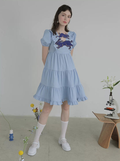 rabbit blue embroidered short-sleeved doll dress 