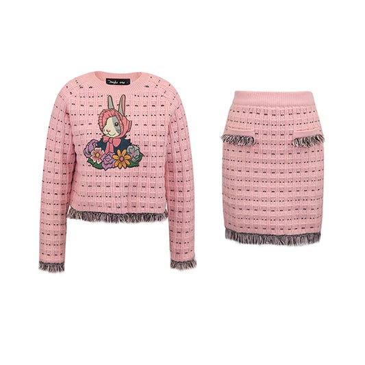 rabbit embroidered long-sleeved round neck set 
