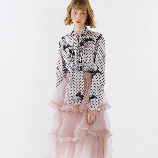 cat polka dot print shirt romantic collared shirt