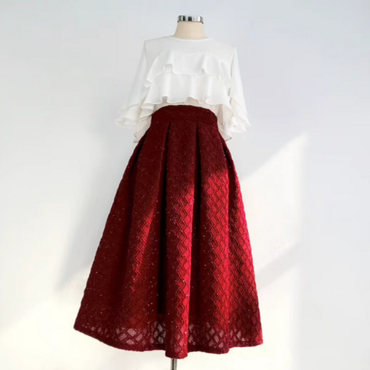 French retro atmospheric dark red drapey skirt 