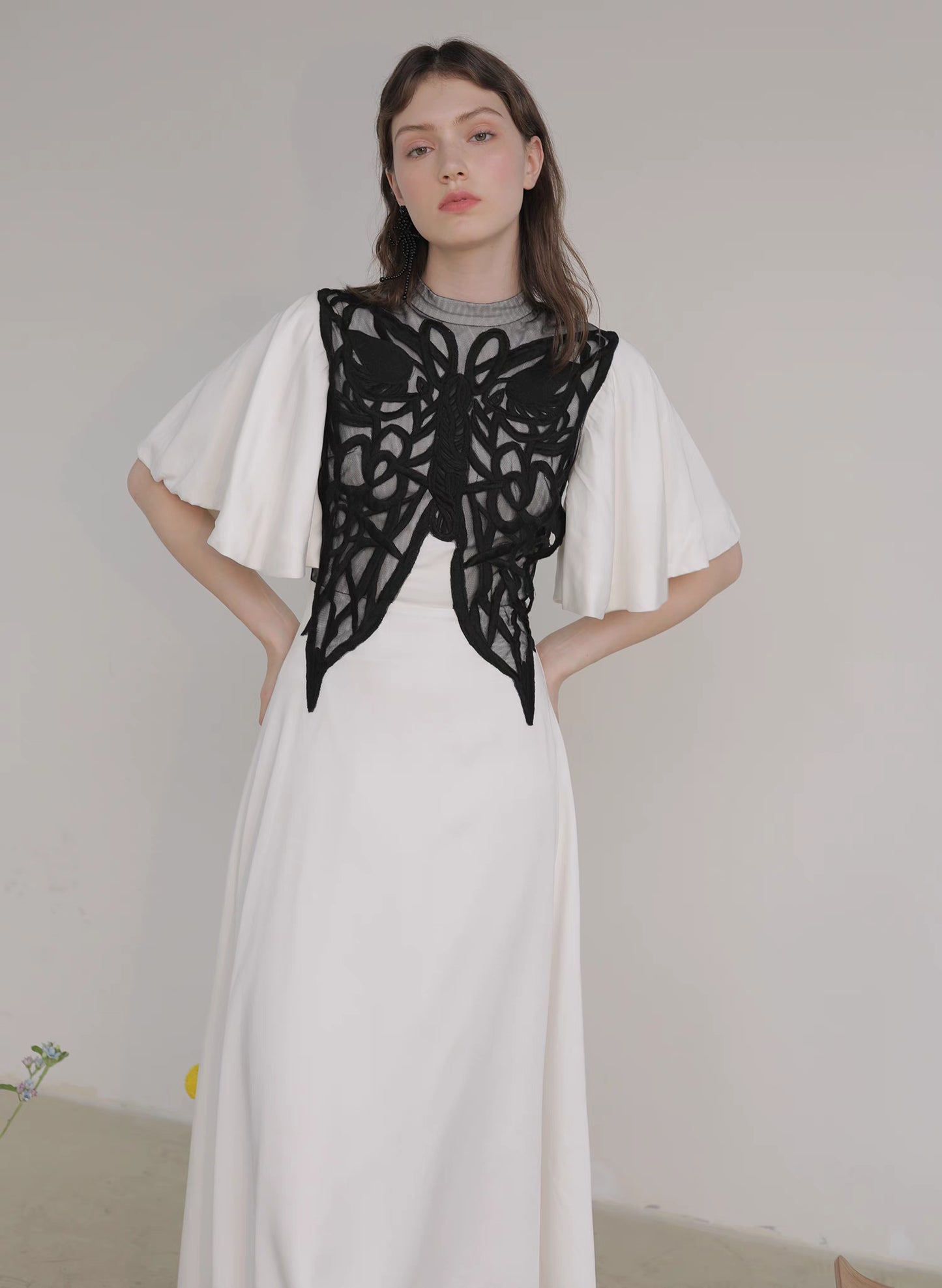 black and white butterfly long dress