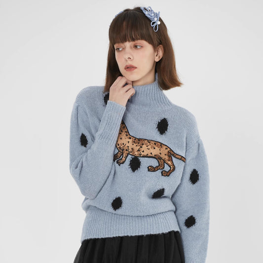 blue leopard cat polka dot turtleneck sweater