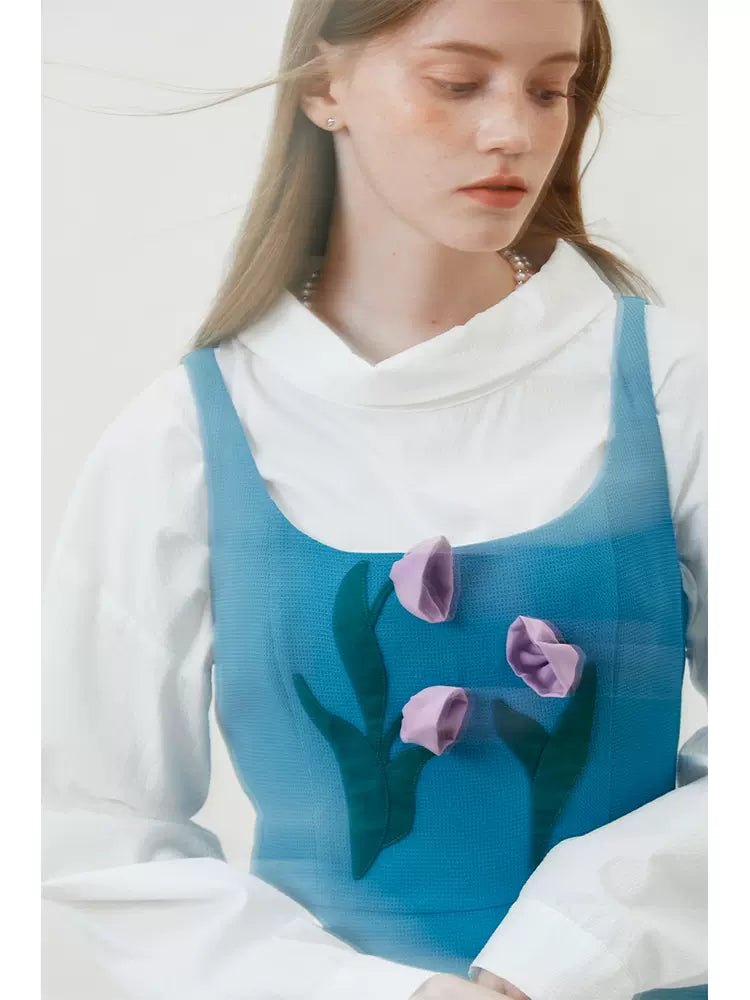 turquoise blue three-dimensional handmade flower vest dress 