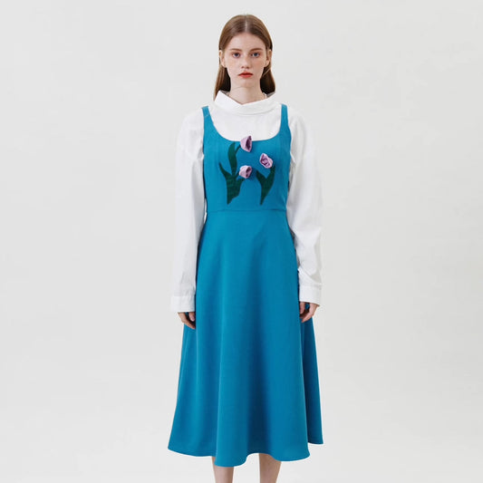 turquoise blue three-dimensional handmade flower vest dress 