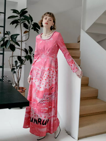 pink dragon moire print dress with button collar 