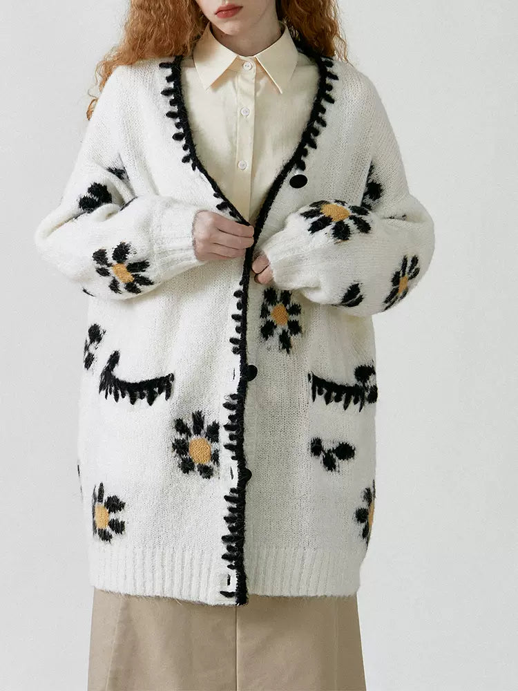 off-white floral crochet wool blend loose knitted cardigan