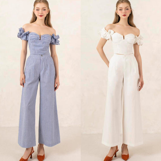 one-shoulder pleated tube top trousers setup