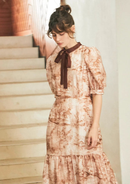 red and brown smudged print lace-up elegant long dress