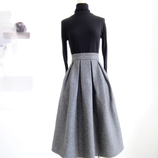 woolen solid color dark gray high-waisted skirt