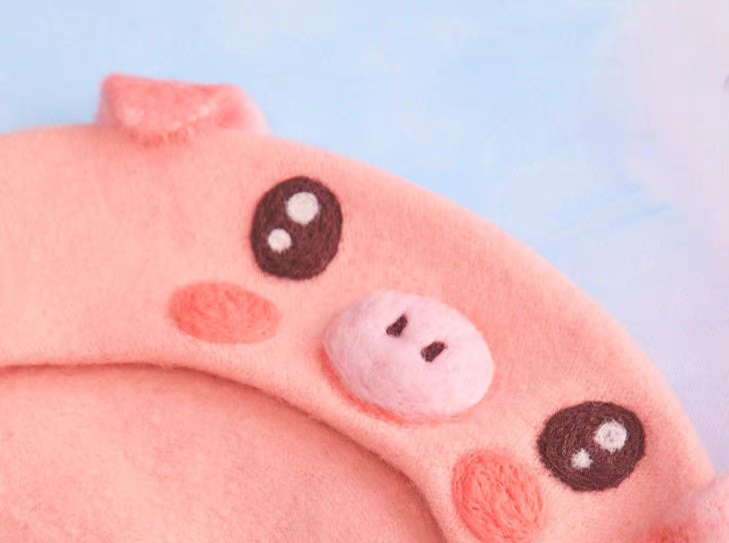 Handmade wool felt pink pig beret