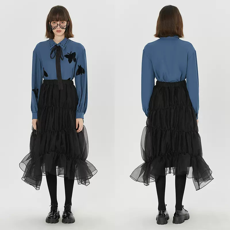 blue and black butterfly lace loose long-sleeved shirt
