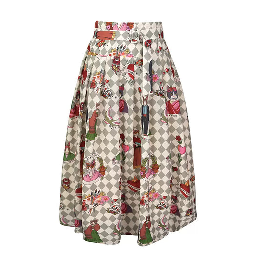 cat printed high-waisted mid-length skirt