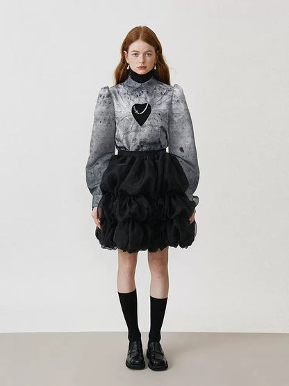 black texture pleated puffy skirt 