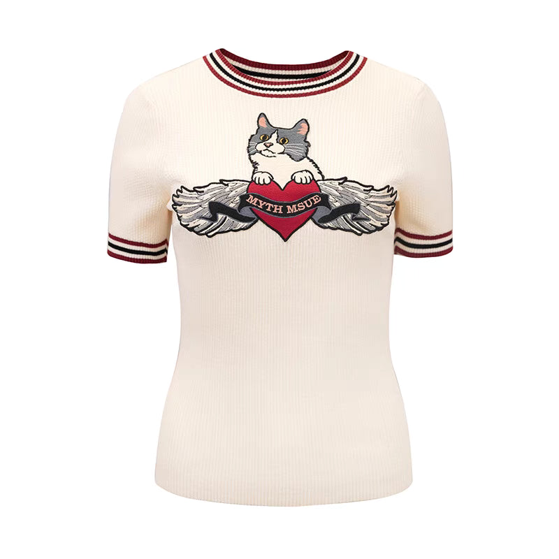 cat embroidered contrast trim sweater 