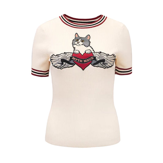 cat embroidered contrast trim sweater