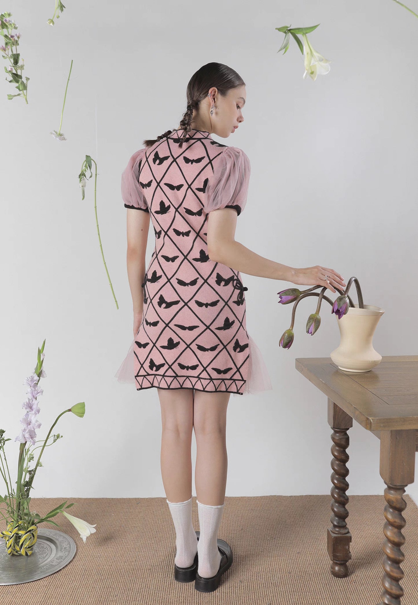 pink mesh sleeve butterfly knitted dress 